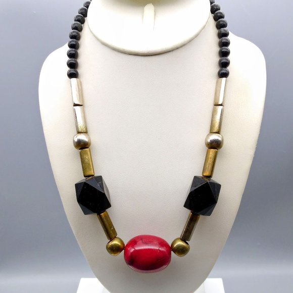 Retro Blocky Chic Necklace, Geometric Lucite Beads and Chunky Chain with Red - Picture 1 of 3